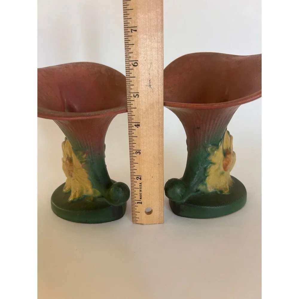2 ROSEVILLE Pottery Peony Cornucopia Horn of Plenty USA Vintage Art Deco